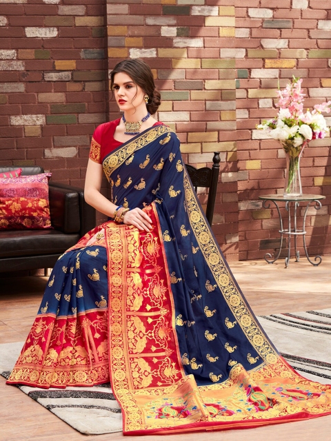 

Shaily Navy Blue & Red Woven Design Zari Silk Blend Paithani Saree