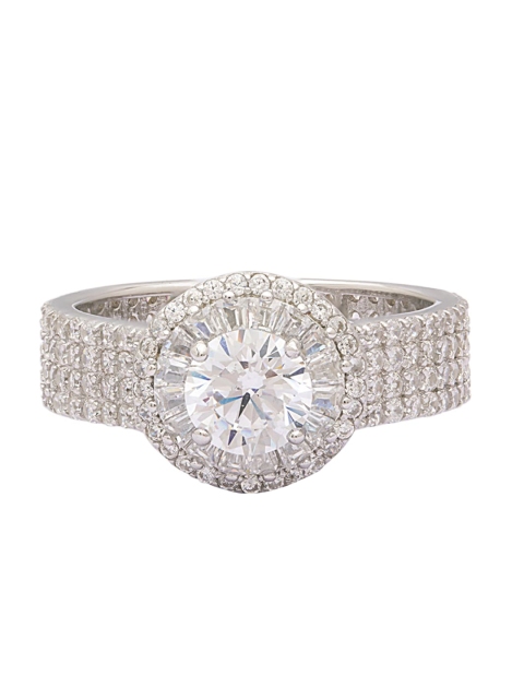 

ANAYRA Silver-Plated White 925 Sterling Silver Solitaire AD-Studded Finger Ring