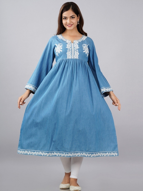 

SUMAVI-FASHION Women Blue & White Embroidered Denim Anarkali Kurta