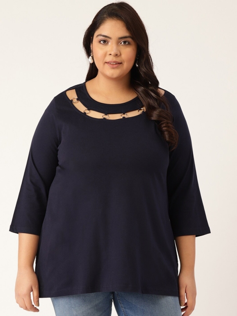 

theRebelinme Women Plus Size Navy Blue Pure Cotton T-shirt