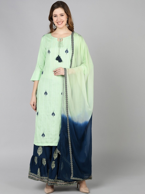 

Jaipur Folk Women Green Ethnic Motifs Embroidered Kurta with Sharara & With Dupatta