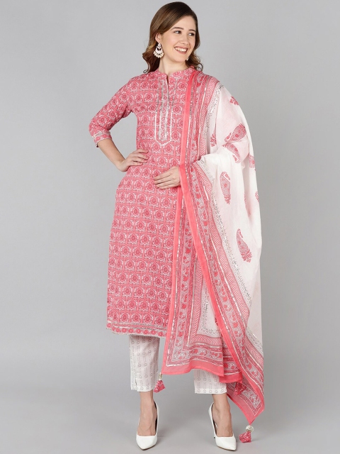 

Jaipur Folk Women Pink Floral Printed Panelled Pure Cotton Kurta with Trousers & With Dupatta
