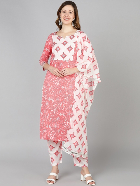 

Jaipur Folk Women Pink Floral Printed Pure Cotton Kurta with Trousers & With Dupatta