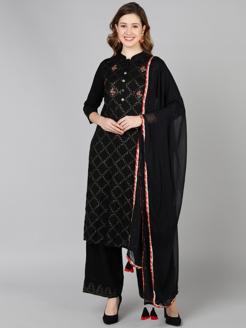 

Jaipur Folk Women Black Floral Embroidered Kurta with Palazzos & With Dupatta