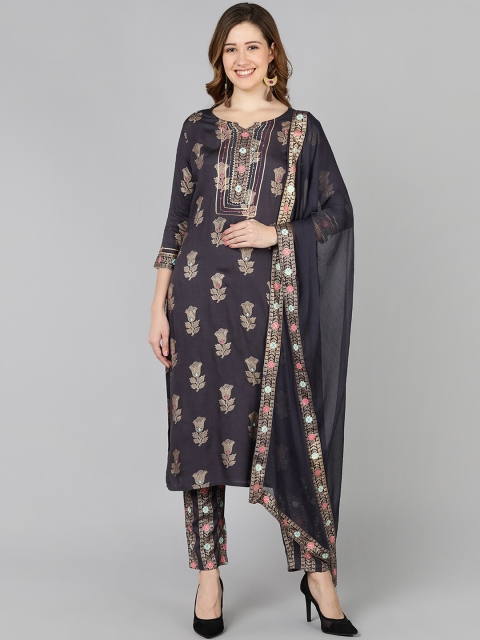 

Jaipur Folk Women Ethnic Motifs Printed Panelled Kurta with Trousers & With Dupatta, Charcoal