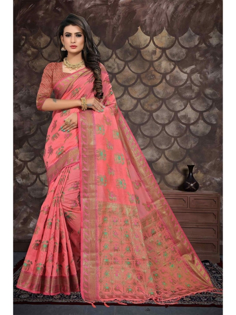 

Mizzific Peach-Coloured & Gold-Toned Woven Design Zari Pure Cotton Chanderi Saree