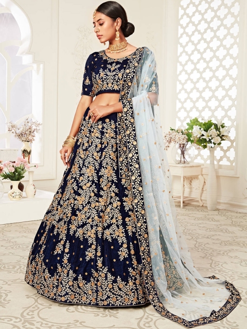 

FABPIXEL Navy Blue & White Embroidered Semi-Stitched Lehenga & Unstitched Blouse