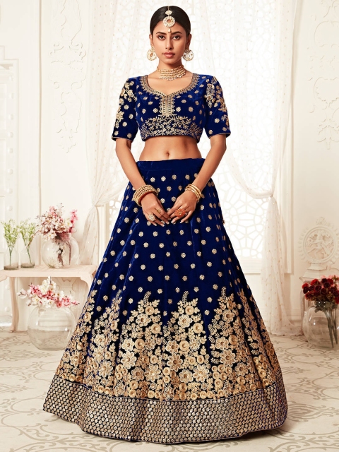 

FABPIXEL Navy Blue & Gold-Toned Embroidered Kalamkari Semi-Stitched Lehenga & Unstitched Blouse With Dupatta