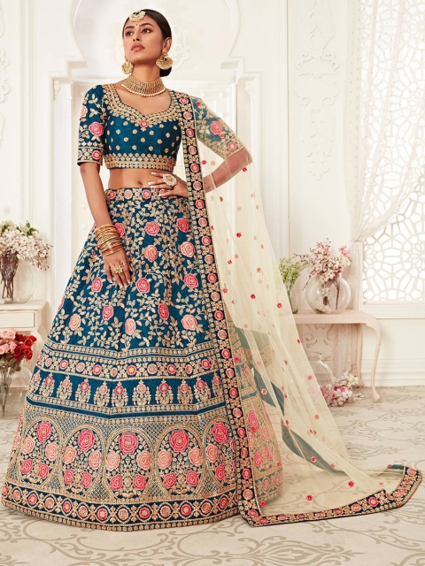 

FABPIXEL Women Bridal Blue & Gold-Toned Embroidered Semi-Stitched Choli With Dupatta