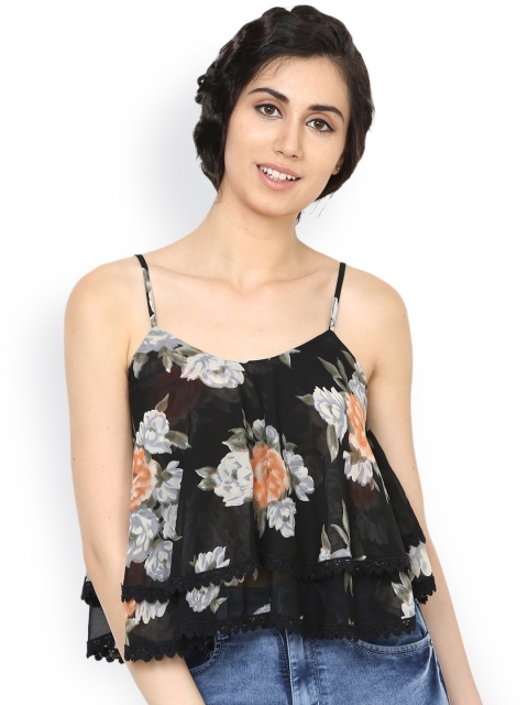 

Harpa Women Black Floral Print Layered A-Line Top