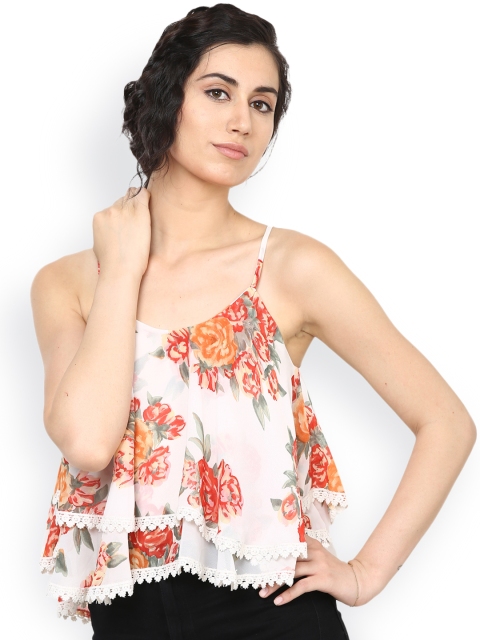 

Harpa Women White & Orange Floral Print Layered A-Line Top