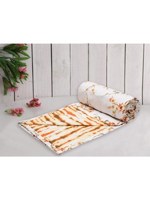 

Trance Home Linen White & Orange Floral AC Room 210 GSM Single Bed Dohar