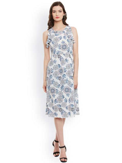

Athena Women White & Blue Floral Print A-Line Dress
