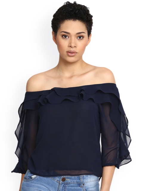 

Harpa Women Navy Blue Solid Bardot Top