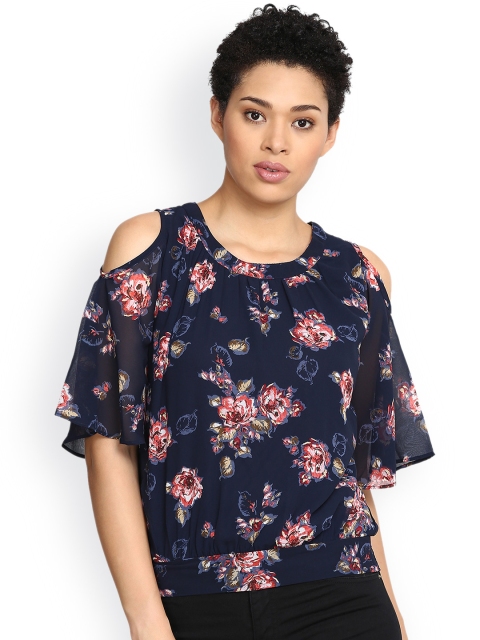 

Harpa Women Navy Floral Printed Blouson Top, Navy blue