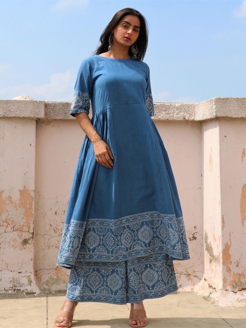 

Chidiyaa Women Blue Printed Pleated Pure Cotton Kurta with Palazzos