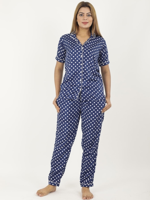 

NEUDIS Women Navy Blue & Off White Polka Dots Printed Night suit