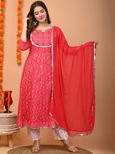 

SINGNI Women Peach-Coloured Ethnic Motifs Yoke Design Kurta With Trousers & With Dupatta
