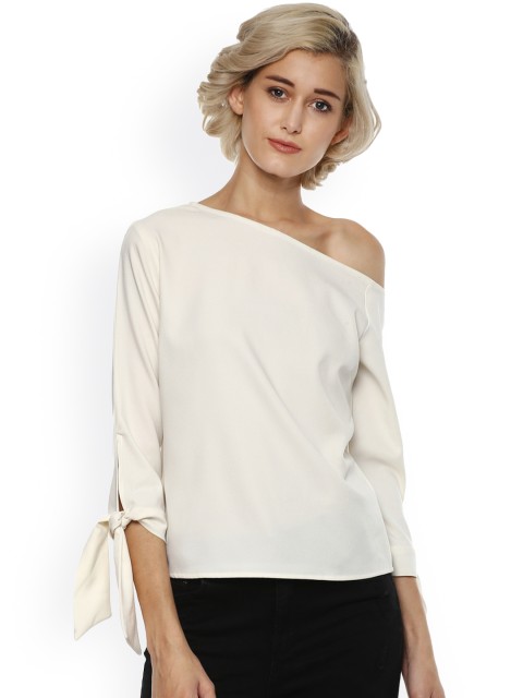 

Harpa Women White Solid One-Shoulder Top