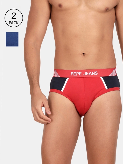 

Pepe Jeans Men Pack Of 2 Solid Red & Blue Cotton Basic Briefs