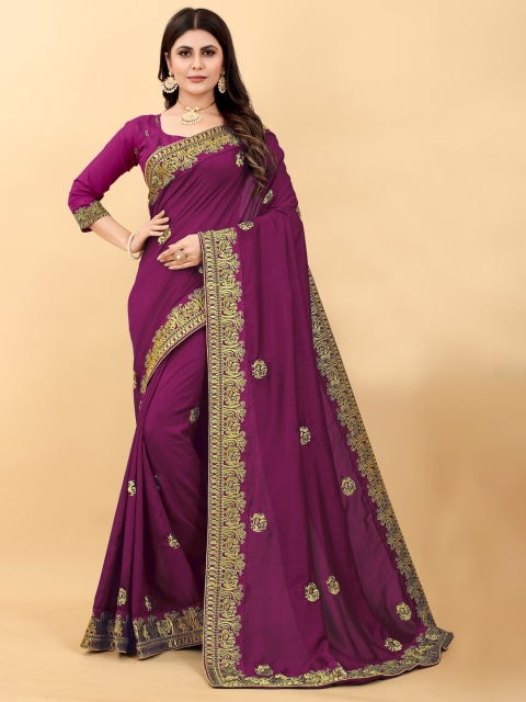 

Monrav Burgundy & Gold-Toned Ethnic Motifs Embroidered Silk Blend Saree