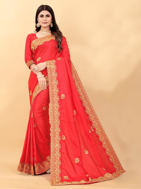 

Monrav Red & Gold-Toned Floral Embroidered Silk Blend Saree