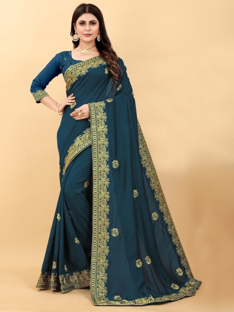 

Monrav Blue & Gold-Toned Floral Embroidered Silk Blend Saree