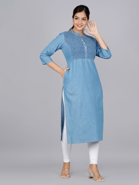 

SUMAVI-FASHION Women Blue Embroidered Denim A-Line Kurta