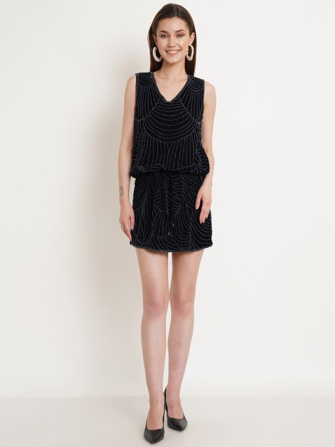 

Purple State Women Black Embellished Velvet Mini Dress