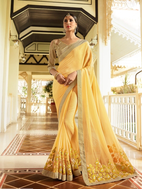

Shaily Yellow & Gold-Toned Floral Embroidered Pure Crepe Saree