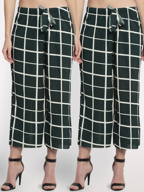 

NEUDIS Women Set Of 2 Green Checked Culottes Trousers