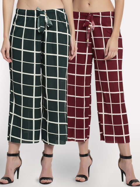 

NEUDIS Women Pack of 2 Green Checked Culottes Trousers