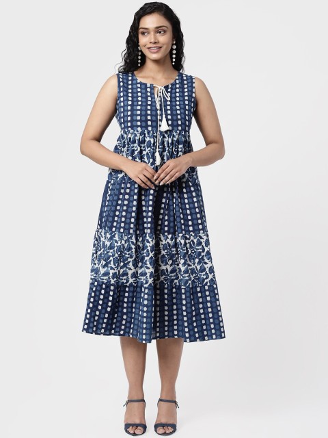 

R&B Women Blue Abstract Printed Cotton Fit & Flare Ethnic Dress