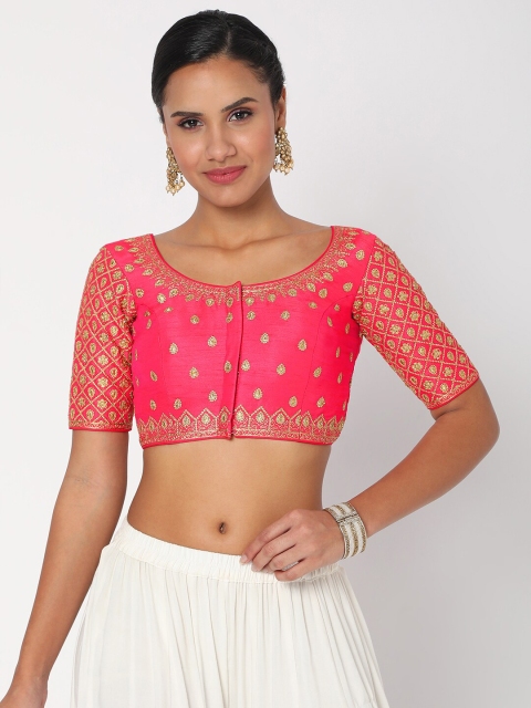 

SALWAR STUDIO Women Peach Embroidered Readymade Silk Saree Blouse