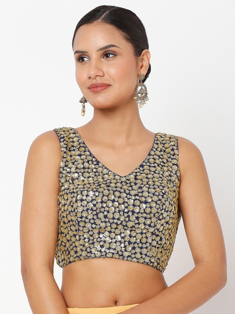 

SALWAR STUDIO Navy Blue Net Embroidered Saree Blouse
