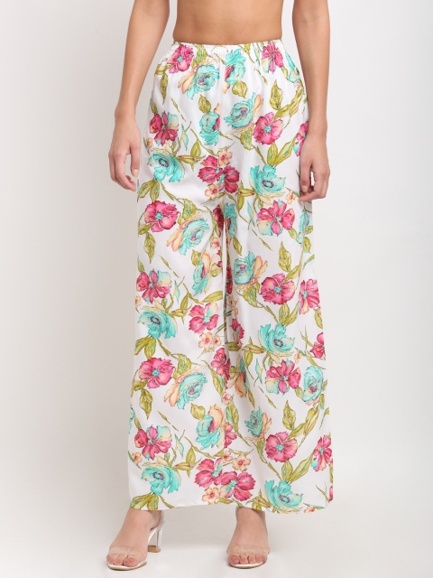 

NEUDIS Women White & Pink Floral Printed Flared Palazzos