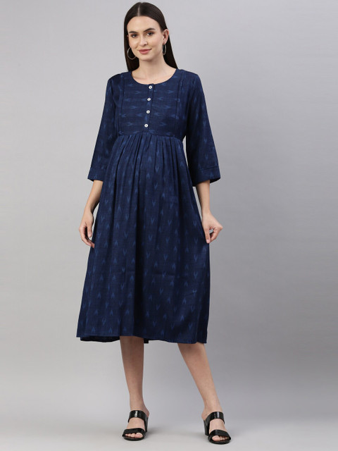 

GOLDSTROMS Women Maternity Navy Blue Ethnic Motifs Print Midi Dress