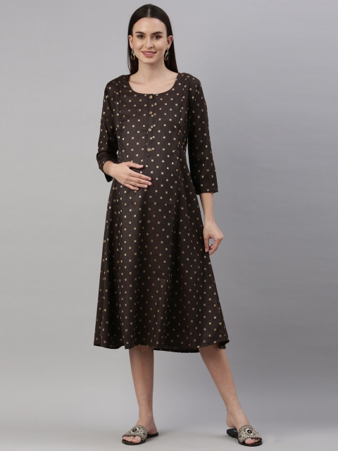 

GOLDSTROMS Coffee Brown Ethnic Motifs Maternity A-Line Midi Dress