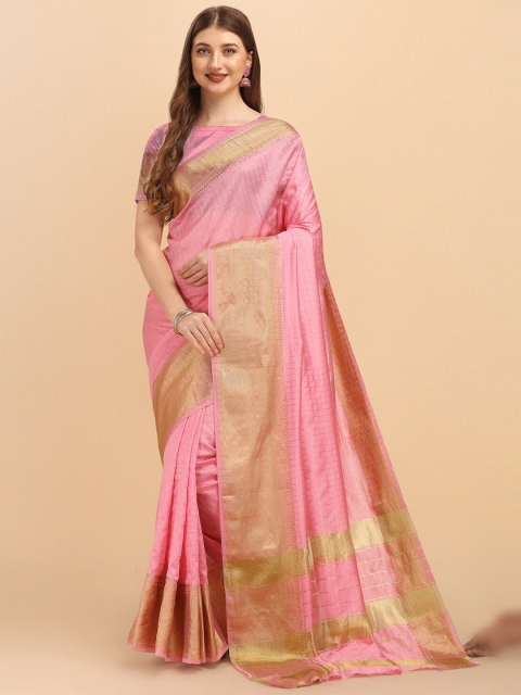 

Jinax Pink & Gold-Toned Woven Design Zari Pure Silk Banarasi Saree