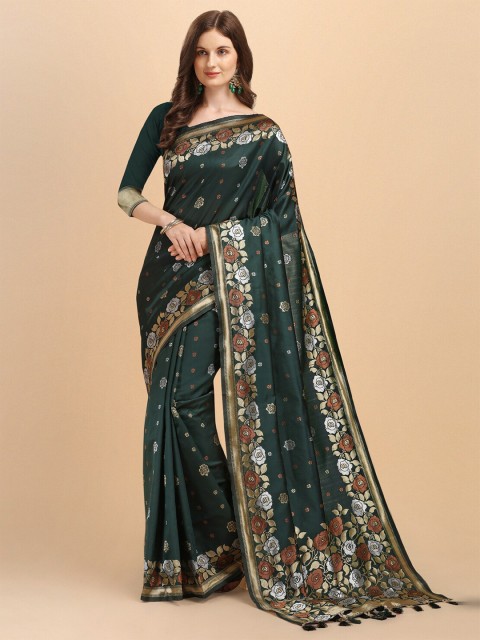

Jinax Green & Gold-Toned Woven Design Zari Pure Silk Banarasi Saree