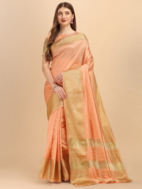 

Jinax Peach-Coloured & Gold-Toned Woven Design Zari Pure Silk Banarasi Saree
