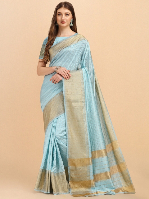 

Jinax Women Teal & Gold-Toned Woven Design Zari Pure Silk Banarasi Saree