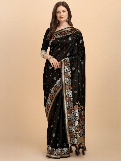 

Jinax Black & Bronze-Toned Woven Design Zari Pure Silk Banarasi Saree