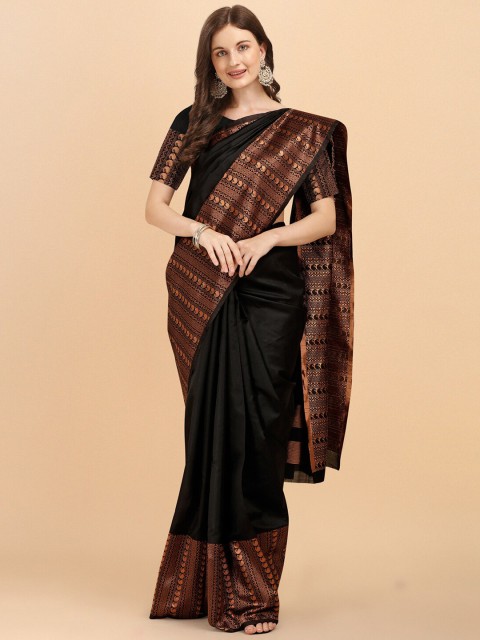 

Jinax Women Black & Bronze-Toned Woven Design Zari Pure Silk Banarasi Saree