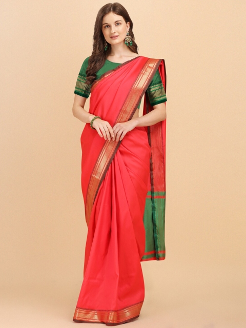 

Jinax Women Pink & Green Woven Design Zari Pure Silk Saree