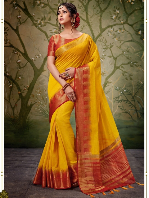

Shaily Yellow & Red Woven Design Zari Silk Cotton Saree