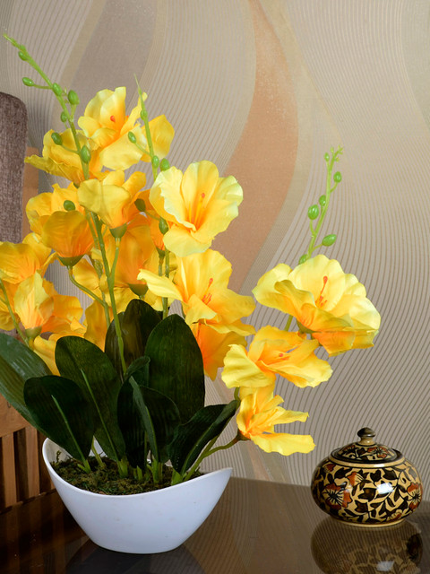 

fancy mart Yellow Artificial Gladula Plant With Pot