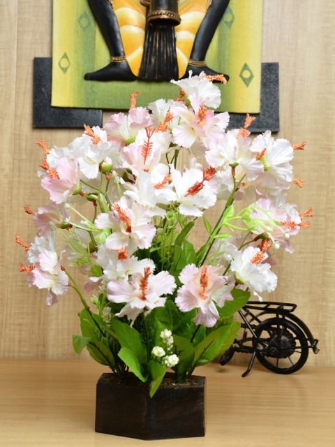 

fancy mart Peach-Coloured & White Artificial Hibiscus Flowers With Wooden Pot