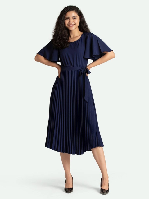 

FAVRIZ Women Blue Solid Pleated Midi Dress