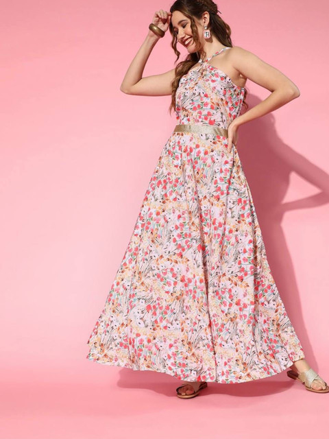 

FAVRIZ White & Red Floral Halter Neck Crepe Maxi Dress